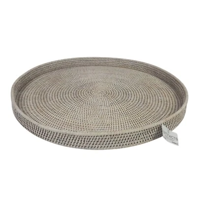 Pottery Barn Artifacts Tava Handwoven Rattan Round Serving Tray 24" Whitewash - Image 1 of 3