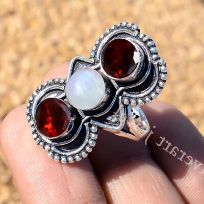 Piedra lunar arco iris genuina y corte granate plata esterlina 925 regalo para el día del padre Foto 1 de 4