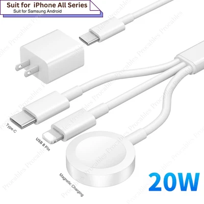 3 in 1 For iPhone Apple Watch Magnetic Fast Charger USB C Cable With 20W PD Cube - Image 1 of 4