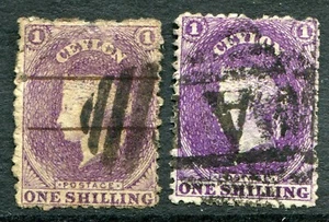 Ceylon 1867-70 Crown CC type 6 1/- x2 shades SG 71 & 71b used (cat. £44) 'C' - Picture 1 of 2