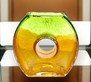 Vintage Orange & Green Margie's Garden Donut Shaped Art Glass Vase, 5-7/8" - Picture 1 of 11