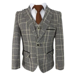 Boys Herringbone Tweed Brown Check Suit With Elbow Patches - Picture 1 of 13