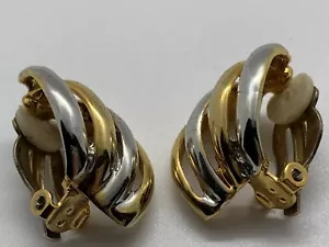 Vintage Two-Tone Clip-On 1980s Earrings Gold Tone Silver Tone Shell Shaped - Picture 1 of 8