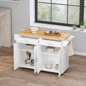 Carro isla de cocina móvil de lujo blanco con tapa de madera de goma, grande y ajustable - Imagen 1 de 7