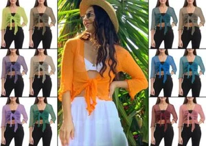 Womens Tie Up Open Front Shrug Ladies Knitted Cropped Bolero beach summer Top - Picture 1 of 169