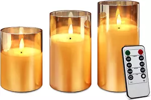 Gold Glass Flameless Candles with Remote Battery Operated Flickering LED Pillar - Picture 1 of 12