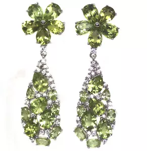 Unheated Green Peridot & Cubic Zirconia Earrings Silver 925 Sterling - Picture 1 of 5