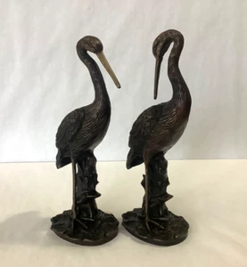 Pair Vintage Solid Bronze Birds Crane Stork Egret 11.5” Tall Statues Sculptures - Picture 1 of 9