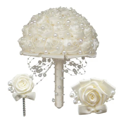 Luxury Ivory Crystals Artificial Roses Wedding Bridal Bouquet Bride Hand Flower - Image 1 of 4