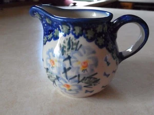 Boleslawiec Signed Sabon Unikat Polish Pottery 3" Creamer Pitcher-Blue Flowers - Picture 1 of 9