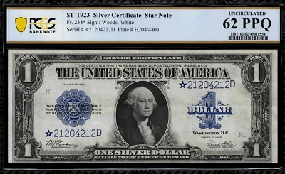 1923 $1 Silver Certificate FR-238* - Star Note - PCGS 62 PPQ - Uncirculated - Image 1 of 2