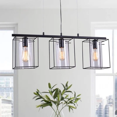 Lámpara de araña lineal Leena negra de 3 luces con pantalla de vidrio cilíndrico transparente Foto 1 de 3