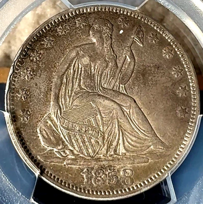 1858 ~ Seated Liberty 50c ~ PCGS XF45 ~ Very Original ~ Great Tone & Patina ~NEW - Image 1 of 4