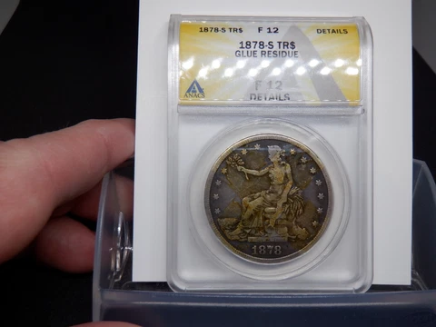 1878-S Trade Dollar - ANACS Graded F12 Glue Residue on Obverse from Tape Cover