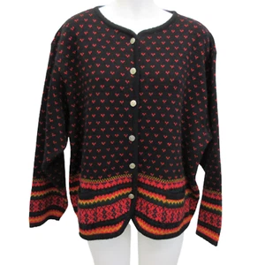 Vintage Tally Ho Cardigan Womens 1X Fair Isle Black Red Sweater Button Up - Picture 1 of 17