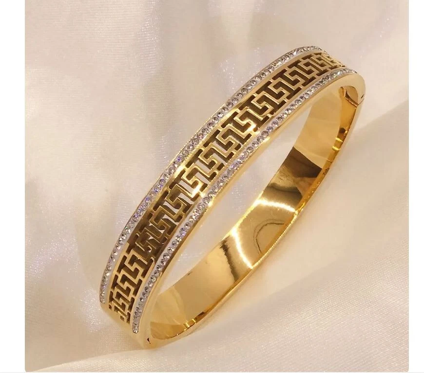 NEW WOMEN'S STAINLESS STEEL GREEK KEY BANGLE BRACELET YELLOW GOLD RHINESTONES - Image 1 of 1
