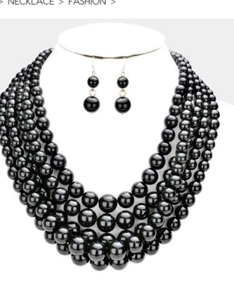 Black Pearl 5 Row Multi Strand Layered Bead Chunky Jewelry Necklace Set - Image 1 of 4