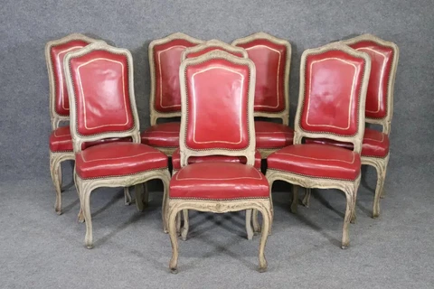 Fine Set 8 Red Leather Gold Embossed Tall French Louis XV Painted Dining Chairs Cover