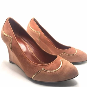 WOMEN'S SERGIO ROSSI ORANGE SUEDE AND GOLD ACCENT WEDGE HEEL SHOES SZ 36.5 - Picture 1 of 12