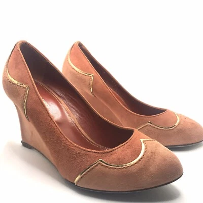 ZAPATOS MUJER SERGIO ROSSI NARANJA GAMUZA Y DORADO ACENTO CUÑA TALLA 36.5 Foto 1 de 4