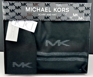 MICHAEL KORS Men's HAT AND SCARF SET 34265C Black w/Logo $98 NEW - Picture 1 of 3