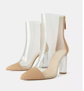 New Zara Natural Beige Heeled Transparent Vinyl Ankle Boots SZ 6.5 - Picture 1 of 9