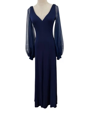 Vtg 70s Designer Evening Gown Joseph Magnin Navy Sheer Bishop Sleevels Quite Lux - Image 1 of 4