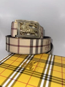 Cinturón Burberry Hombre Cuero Beige Doble Cara Con Hebilla Dorada 115cm 32-36 - Imagen 1 de 9