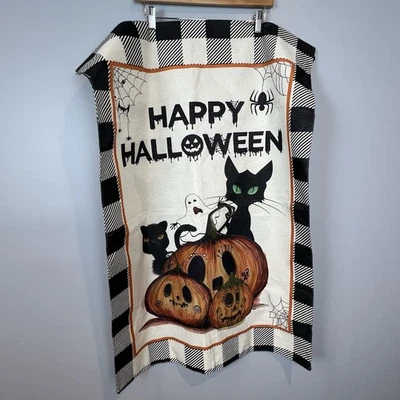Happy Halloween House Flag 27 x 39" Black Cats Pumpkins Spiders Weather Proof - Image 1 of 4