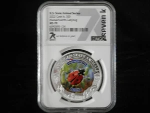Moneda de plata Ladybug Massachusetts 2022 Islas Cook $5 NGC MS 70 animal estatal de Estados Unidos - Imagen 1 de 3