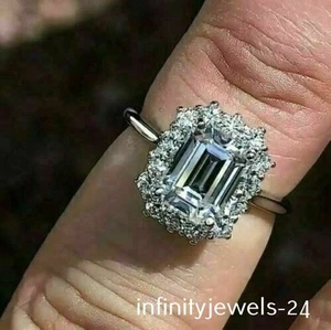 2,75CT Emerald Cut Lab Created Halo Engagement Wedding Ring 14K White Gold Over - Picture 1 of 5