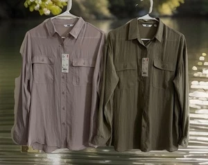 2*chic Chic NWT Uniqlo Drape Washed Shirt Button-Up Long Sleeve Blouse Bundle - Picture 1 of 8