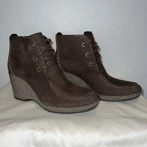 Timberland Ankle Boots Wedge Heel Brown Booties Women's Size 7.5 Nubuck Shoes - Picture 1 of 10