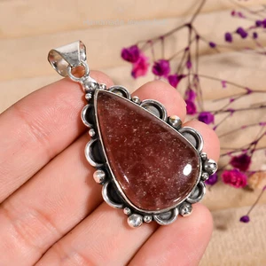 Strawberry Quartz Gemstone 925 Sterling Silver Handmade Gift Her Pendant PG1829 - Picture 1 of 3