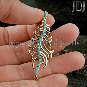 Natural Gema Turquesa Sólido 14K Oro Amarillo Pluma Diseñador Colgante Charm - Imagen 1 de 10