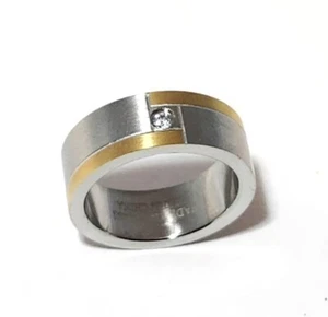 STAINLESS STEEL SILVER & GOLD TONE CRYSTAL SET MATT FINISHED MENS BAND, SIZE-11 - Picture 1 of 5