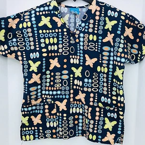 Scrub HQ Size Small Blue Butterflies Circles Scrub Top Medical Nurse Veterinary - Picture 1 of 5