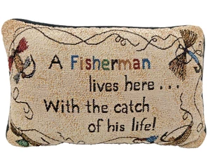 RARE HTF Small Fisherman Decor Pillow - Needlepoint Tapestry "Catch Of His Life" - Picture 1 of 12