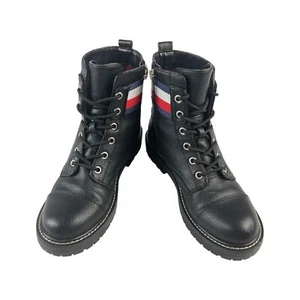 Tommy Hilfiger Womens Lavo2 Combat Boots Striped Leather Black Size/ 6M - Picture 1 of 14