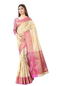 New Women's Woven Banarasi Kanchipuram Art Silk Saree with Blouse Piece (Beige) - Picture 1 of 3