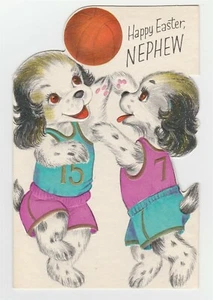 Vintage Easter Card Dogs Play Basketball 1964 Rust Craft Die Cut - Picture 1 of 3