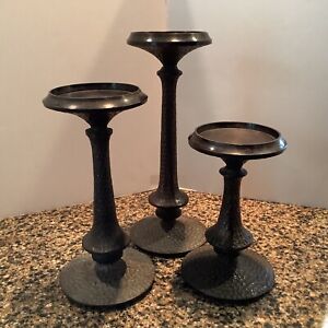 (3) Rustic Pottery Barn Style Hammered Iron Pillar Candle Holders 7" 9" 11"