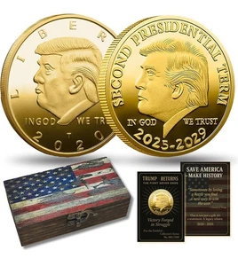 Donald Trump Gold Coin Gift Set, 2020 & 2025 President Challenge Coins in USA Fl - Picture 1 of 8