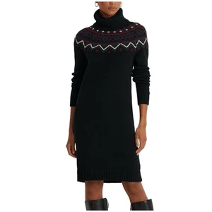 Lauren Ralph Lauren Black Fair Isle Giraline Sweater Dress Wool Blend Size M NEW - Picture 1 of 10