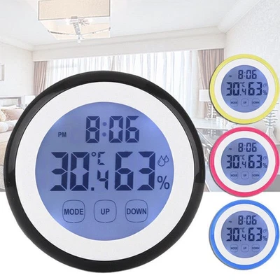 LED Touch Screen Digital Alarm Clock With Hygrometer+Thermometer Round clock - Image 1 of 4
