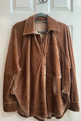 New Easel Los Angeles Velvet Velour Tunic Brown Top Button Down Shirt  Small - Image 1 of 4