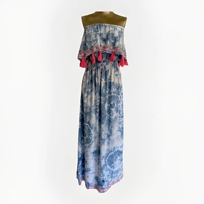 Jelly Aqua Ocean Ruffle Long Dress. Tie Dyed Blue & White w/Pink Women’s Size M - Image 1 of 4