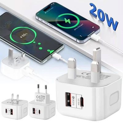 Fast Charging Dual Port Plug 20W - Type C & USB A Charger Adapter for UK Devices - Image 1 of 4