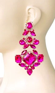 Pendientes llamativos con clip de pedrería rosa caliente fucsia de 4,5" de largo concurso - Imagen 1 de 2