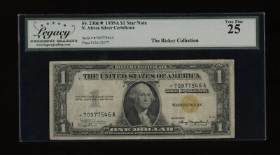DBR 1935-A $1 North Africa Silver STAR Fr. 2306* Legacy 25 Serial *70977546A - Image 1 of 2
